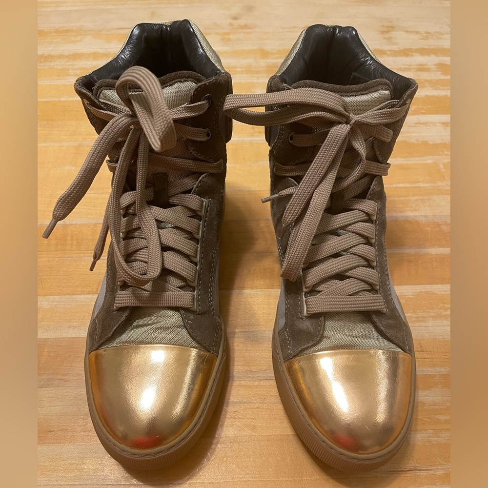 Lanvin Gray and Brown High-Top Sneakers with Metallic Accents